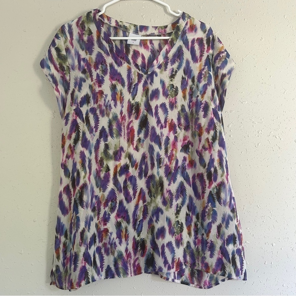 CAbi Multicolor Feather-Print V-Neck Blouse — Purple, Blue, Pink, Green